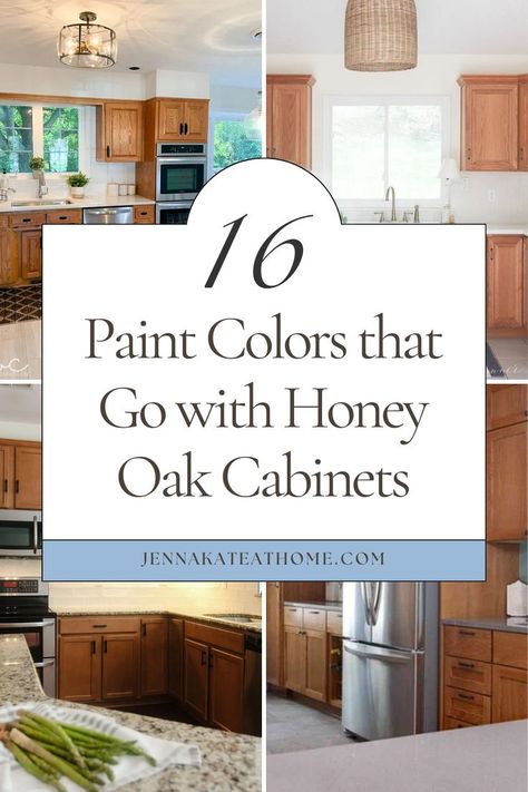 Looking for paint colors that go with honey oak? Whether it's for trim, wood, or cabinets, here are the best paint colors to go with honey oak cabinets. If you're updating an oak kitchen, discover what color to paint kitchen walls with honey oak cabinets and find the perfect wall paint colors to complement oak cabinets in your home. Paint Kitchen Walls, Painting Honey Oak Cabinets, Oak Kitchen Cabinets Wall Color, Updating Oak Cabinets, Honey Oak Trim, Oak Bathroom Cabinets, Oak Wood Trim, Best Kitchen Colors, Honey Oak Cabinets