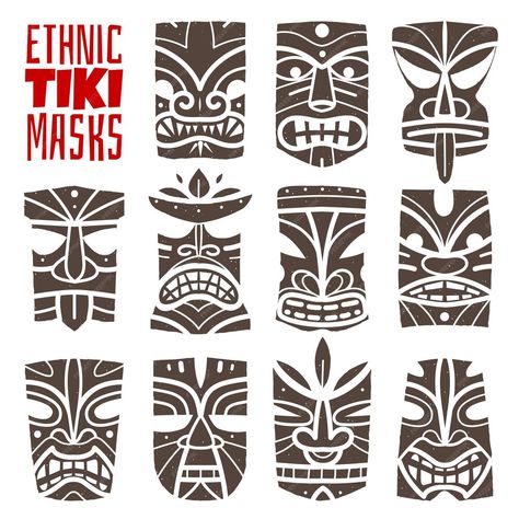 Premium Vector | Hawaiian masks prints Polynesian Tiki Tattoo Design, Tiki Head Drawing, Tiki Head Tattoo, Hawaiian Graphics, Hawaiian Tiki Mask, Tiki Maske, Totem Tiki, Tiki Pop, Noir Tattoo