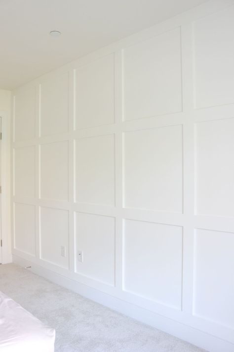 Square Wainscoting Wall, Box Trim On Wall Bedroom, Whole Wall Board And Batten, Wall Trims For Bedroom, Paneling Walls Bedroom, Board And Batten Basement, Square Board And Batten Wall, Bedroom Wall Trim, Townhome Upgrades