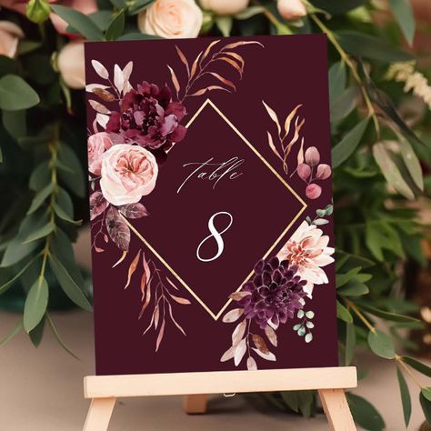 Autumn Romance Gold Frame Burgundy Wedding Table Number Burgundy And Pink Wedding Decorations, Burgundy And Rose Gold Wedding, Fall Wild Flowers, Fall Wedding Country, Burgundy Wedding Table, Garden Outdoor Wedding, Pink And Burgundy Wedding, Country Autumn, 50 Aesthetic