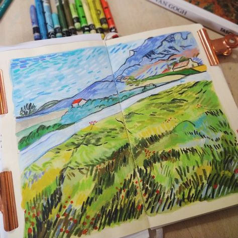 Van Gogh Study, Coloured Pencil Sketchbook, Nature Sketching, Landscape Sketching, Gouache Sketchbook, Van Gogh Landscapes, Landscape Study, Colouring Pencils, Landscape Sketch