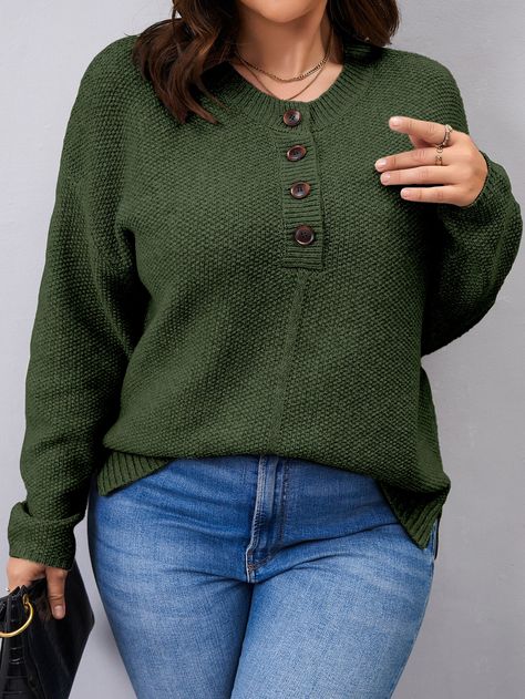 Dark Green Casual Collar Long Sleeve Fabric Plain Pullovers Embellished Slight Stretch  Plus Size Knitwear Green Sweater Outfit Plus Size, Green Fall Sweater With Button Closure, Green Button-up Winter Sweater, Plus Size Green Sweaters, Plus Size Green Cardigan, Minimalist Fashion Casual, Henley Sweater, Button Sweater, Wear Green