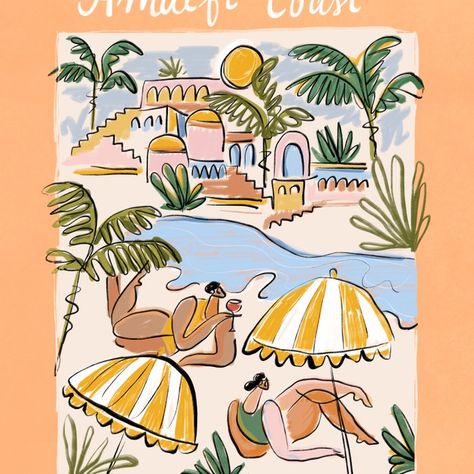 Amalfi Coast Italy (color) Framed Art Print by Maggie Stephenson | Society6 Italy Illustration, Maggie Stephenson, Amalfi Coast Italy, Beautiful Wall Art, Amalfi Coast, Amalfi, Framed Art Print, Colorful Art, Artist Inspiration