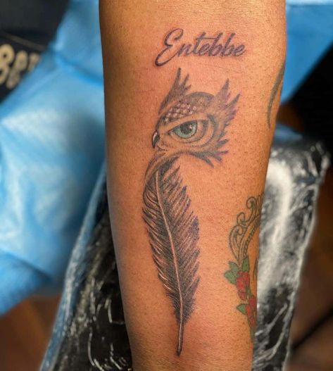 Owl Feather Tattoo 3 Owl And Feather Tattoo, A Feather Tattoo, Owl Feather Tattoos, Phoenix Feather Tattoos, Eagle Feather Tattoos, Small Feather Tattoo, Native Tattoos, Birthday Tattoo, Owl Feather