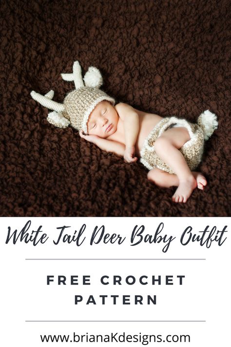 A cute little White Tail Deer Baby Crochet Pattern for ages newborn to 12 months. Newborn photography is something I’m passionate about, and if you haven’t noticed, I have a lot of newborn crochet patterns. The themed shoots are so cute, and my little one dressed up in the white-tailed deer outfit for his newborn session too! It’s a great way to welcome your little fawn to the family. Crochet Newborn Deer Outfit Free Pattern, Crochet Photo Props Free Patterns Newborn Photography, Baby Outfit Crochet Pattern, Crochet Newborn Photo Props Pattern Free, Crochet Fawn Pattern Free, Newborn Photo Themes, Newborn Crochet Ideas, Crochet Baby Photo Props Patterns Free, Free Newborn Crochet Patterns