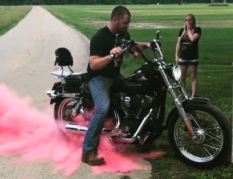 Harley Davidson Gender Reveal, Gender Reveal Ideas Dirt Bike, Motorcycle Burnout Gender Reveal, Gender Reveal Biker Theme, Gender Reveal Dirtbike, Girl Post, Baby Gender Reveal, Baby Gender, Gender Reveal