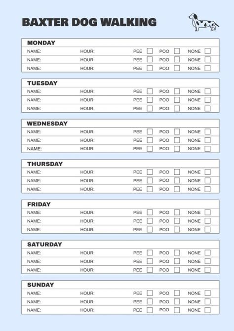 Simple Monocolor Baxter Dog Walking Weekly Schedule Walking Schedule, Disc Planner, Weekly Schedule Template, Pet Sitting Business, Planner Diy, Editing Tool, Schedule Templates, Gym Routine, Weekly Schedule