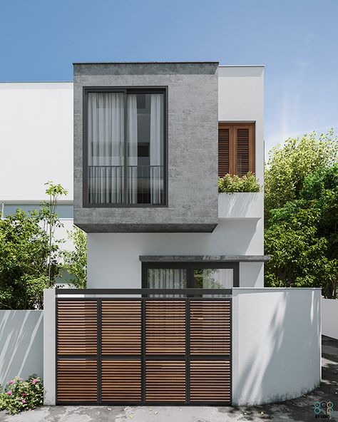 Modern Simple House Exterior, Simple House Facade, Simple Exterior House Design, Small Row House Design, Duy Huynh, Row House Design, Fasad Design, Narrow House Designs, Detail Arsitektur