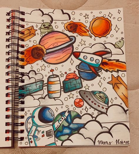 Drawing Of Magic, Cute Drawings Space, Cartoon Anime Drawings, Doodle Art With Markers, Doodle Drawings Colourful, Doodle Art With Color, Doodle Art Space, Space Doodle Art, Cartoon Art Disney