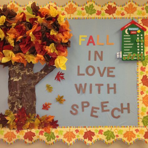 Fall bulletin board for speech therapy  Re-Pinned by Penina Penina Rybak MA/CCC-SLP, TSHH CEO Socially Speaking LLC YouTube: socialslp Facebook: Socially Speaking LLC www.SociallySpeakingLLC.com Socially Speaking™ App for iPad:  http://itunes.apple.com/us/app/socially-speaking-app-for/id525439016?mt=8 Speech Bulletin Boards, Bulletin Board Tree, November Bulletin Boards, Speech Crafts, Fall November, Fall Bulletin Board, Fall Bulletin Boards, School Speech Therapy, Slp Activities