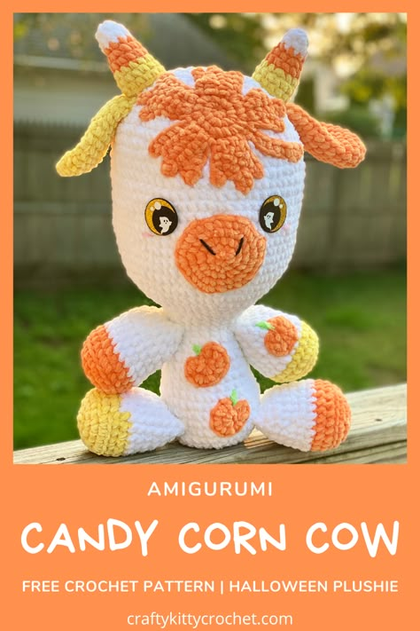 It’s candy corn season, and what better way to celebrate than to crochet this kawaii, easy to make Cow Plushie?! Accent your farm fresh friend with tiny pumpkins, a huge maple leaf, and most importantly – candy corn horns! This is the ultimate stuffed animal for autumn and Halloween season, and is simply perfect to use as cute fall decor, gift as a cherished stuffed animal, or to sell at craft fairs and fall markets! This squishy cow is sure to be the perfect cute critter for spooky season! Fall Things To Crochet, Fall Crochet Craft Fair Ideas To Sell, Crochet Disney Pumpkins, Crochet Animals Halloween, Halloween Crochet Stuffed Animals, Halloween Cow Crochet, Candy Corn Cow Crochet, Fall Amigurumi, Halloween Plush Crochet Patterns