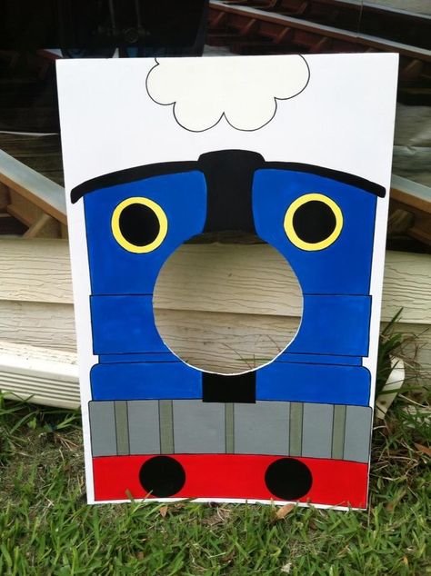 My "Thomas the Train" photo prop Train Theme Party Games, Thomas Train Party Ideas, Thomas The Train Party Games, Thomas The Train Craft, Trucks Tractors And Trains Birthday, Train Photo Booth Diy, Thomas The Tank Party, Thomas Tank Party, Thomas The Train Birthday Party Diy