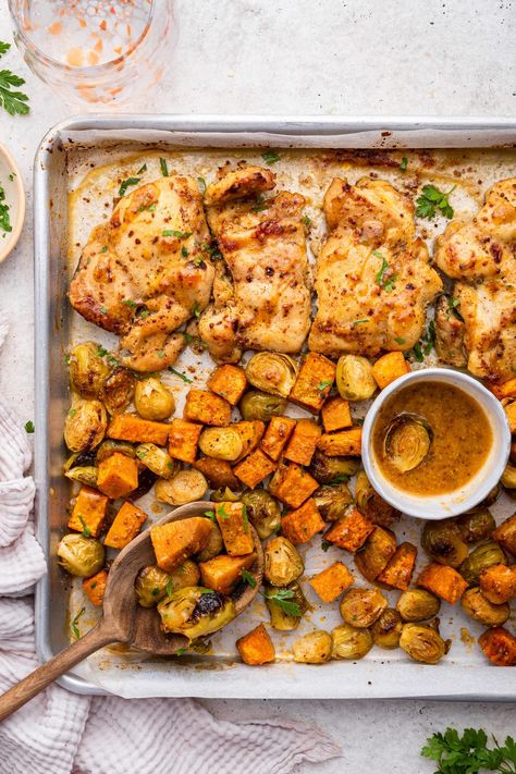 This honey mustard chicken sheet pan meal is the perfect quick and easy recipe for busy weeknights. It combines tender chicken thighs with veggies all tossed in a flavorful honey mustard sauce. Honey Mustard Sheet Pan Chicken, Honey Mustard Chicken Thighs, Chicken Sheet Pan, Mustard Chicken Recipes, Marinated Chicken Thighs, Pan Cooking, Sheet Pan Chicken, Honey Mustard Chicken, Chicken Sweet Potato