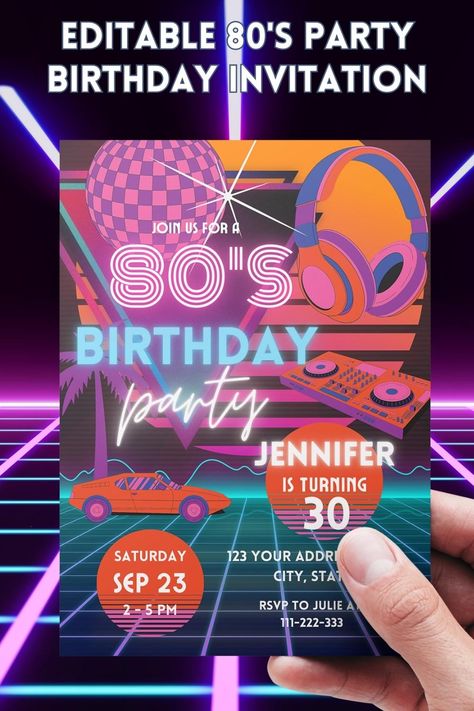 Celebrate the decade of music and nostalgia with this fabulous 80's birthday party invitation template! Featuring a bright and vibrant neon design, this template is sure to get guests in the mood for a night of dance and fun. So, grab your leg warmers and get ready to party 80's style! Suitable for all ages. All text is editable. You'll get both the 5"x7" print size and the phone size templates included in the price of $5.80 with a 100% money back guarantee. Simply edit, print or share! 80s Party Invitations, 80s Birthday Parties, 80s Summer, Dance Party Birthday, 80's Party, Phone Template, 80s Prom, 80s Theme, Retro Birthday