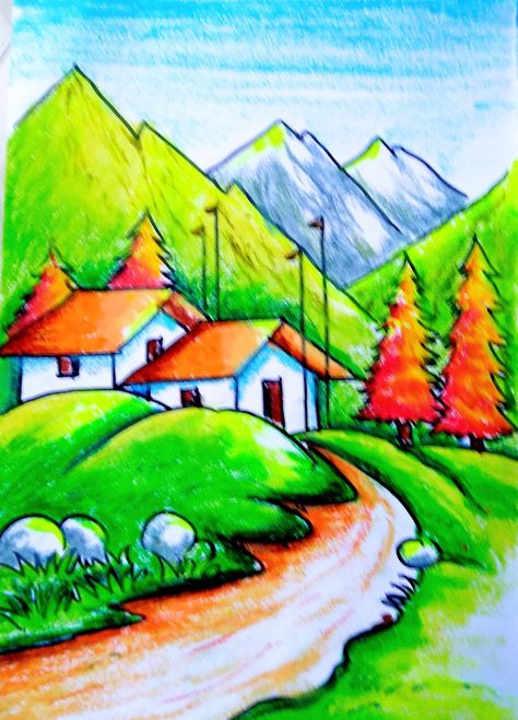 Senery Drawings For Kids, Oil Pastel Drawings Scenery, Landscape Drawings Easy For Kids, Easy Scenery Drawing For Kids, Oil Pastel Drawings For Beginners, Nature Drawing For Kids, Beautiful Scenery Drawing, Scenery Drawing For Kids, Easy Scenery Drawing