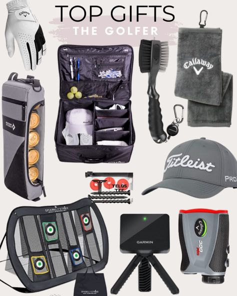 Gifts for the enthusiast include golf towel, Garmin Approach R10, Portable Golf Launch Monitor, ATTA GOLF Telos Premium Tees, Callaway Laser Rangefinders, Titleist Men's Tour Performance Hat, Freedom Pursuits Cooler Bag Plus 2 Ice Packs, Callaway Weather Spann Premium Synthetic, Athletico Trunk Organizer Storage, Golf Club Brushes and Groove Cleaner Gold gifts, gifts for golfer, gifts for him, gifts for her, gift guide, sports gifts #LTKunder100 #LTKmens #LTKGiftGuide Gifts For The Golf Lover, Golfer Gift Ideas, Golfing Gifts For Men, Gift Ideas For Golfers, Gift For Golfers Men, Golf Bags Mens, Golf Bag Essentials, Golfer Gifts Men, Golf Gift Ideas For Men