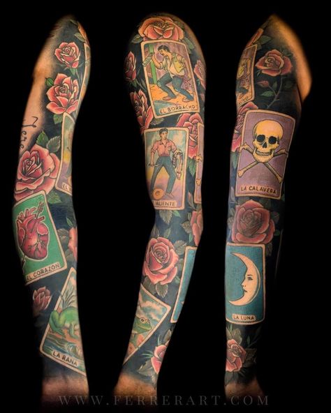 Mexican loteria cards and roses full sleeve tattoo by Julio Ferrer, tattoo artist in Sacramento, CA. Loteria Tattoo Mexican, Mexican Loteria Tattoo, Mexican Culture Art Tattoo, Loteria Cards Tattoo, Loteria Card Tattoo, Loteria Tattoo Ideas, Cover Up Name Tattoos, Mexican Traditional Tattoo, Traditional Mexican Tattoo