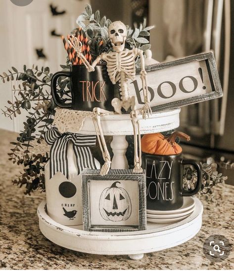 Fall Tiered Tray Decor, Farmhouse Halloween, Halloween Pins, Fall Halloween Decor, Halloween Table, Rustic Brown, Halloween Home Decor, Dinner Tonight, Diy Halloween Decorations