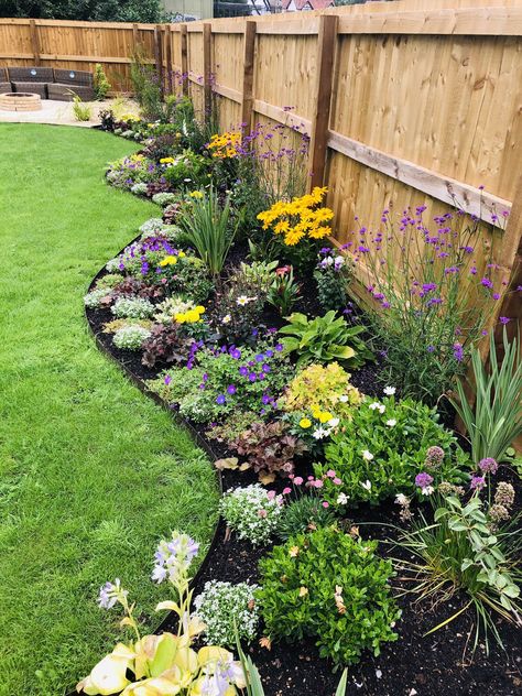 Small Garden Border Ideas, Small Yard Flower Beds, Fence Around Flower Bed, Landscaping Boarder Designs, Flower Bed Privacy Fence, Zone 9 Front Yard Landscaping, Renters Garden Ideas, Boarder Landscape Design, Fire Pit Landscaping Ideas Plants