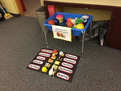 The sensory bin consists of different sports balls and the matching board has different sports equipment which Velcro onto board. Sports Themed Sensory Bin, Sports Sensory Bin, Summer Sports Crafts, Tk Centers, Sports Lesson Plans, June Themes, Creative Curriculum Preschool, Curriculum Preschool, Sports Crafts