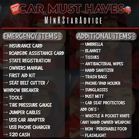 Cars For First Time Drivers, First Car Checklist, Car Needs List, Best First Cars, Stuff To Keep In Your Car, Good First Cars, First Car Tips, Cars Essentials, Car Care Checklist