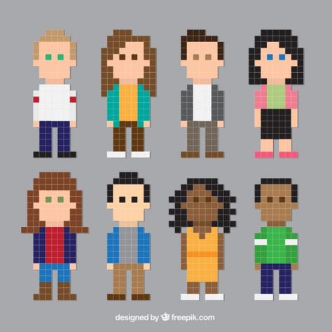 Set group of pixilated people  Free Vector Pixel People Art, People Pixel Art, Pixel Art Person, Ski Mask Tattoo, Pixel Art Human, Pixel Illustration, Pixel Cat, Pixel People, People Character