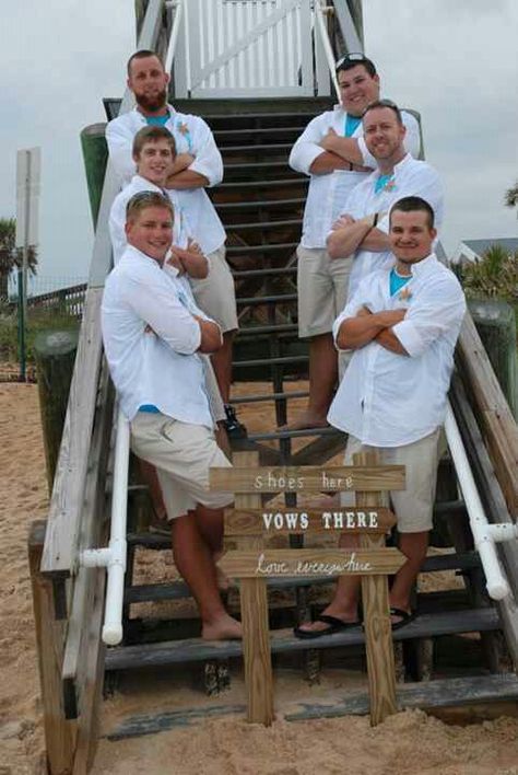 Groom and groomsmen in shorts and jandals / flip flop / thong sandals or barefoot #beach#wedding#5.11.13 Groomsmen Beach Attire Shorts, Beach Wedding Guys Attire, Beach Wedding Groom Attire Shorts, Beach Groomsmen Attire, Groom Shorts, Beach Wedding Mens Attire, Beach Groomsmen, Hawaiin Wedding, Beach Wedding Groom Attire