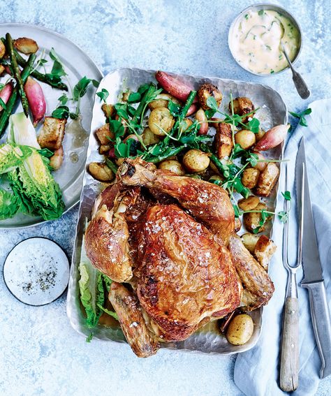 This wonderful whole roast chicken with crispy skin-on potatoes, asparagus, radishes and herby hollandaise is the stuff of dreamy, laid-back summer Sundays. Summer Roast, Butter Roasted Chicken, Hollandaise Recipe, Potatoes Asparagus, Butter Glaze, Chicken Ideas, Delicious Magazine, Roast Chicken Recipes, Roast Dinner