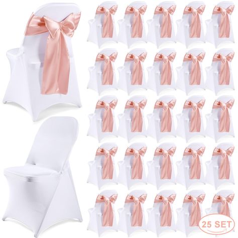 PRICES MAY VARY. What You Get: you will get 25 pieces of satin chair bow sashes and 25 pieces of stretch chair covers, sufficient quantity can meet your wedding decoration and replacement needs; The classic rose gold chair sash matches with elegant white chair covers, and they will make your simple chairs more elegant, bringing you nice visual effect Quality Material: these covers for chair are made of 90% polyester and 10% spandex, strong and reliable, not easy to scratch or tear; The party cha Quince Decorations Rose Gold, Rose Party Decorations, Quince Table Decorations, Chair Cover Ideas, Grad Favors, Simple Chairs, Dream Quinceanera, Rose Gold Chair, Quince Planning