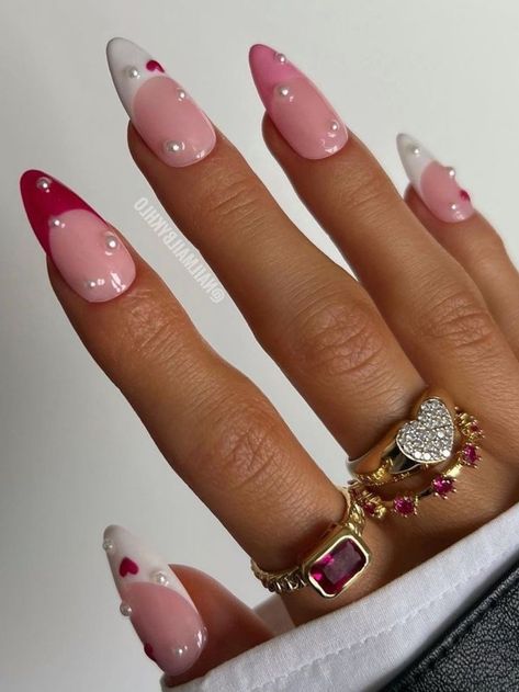 various pink french tips with pearl embellishment Pink Nails Basic Design, Valentines Nail Set Almond, St Valentin Nails, Pink Tip Nails Almond, Valentin Nails Designs Love, 21st Nails Ideas, Cute Valentines Nails Pink, Valentines French Tip Nails, Pink French Tip Nails Almond