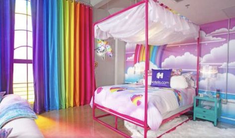 Themed Hotel Rooms, Rainbow Curtains, Colorful Rooms, Rainbow House, Rainbow Room, Lisa Frank, Canopy Bed, Bob Ross, Hotel Suites