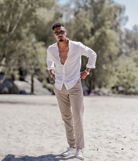 Maldives Outfit Ideas For Men, Goa Dressing For Men, White Boho Men Outfit, Maldives Clothes, Mens Resort Wear Outfits, Goa Clothes Outfits Man, Best Outfit For Goa Men, Outfit Mann, Men’s White Linen Outfit