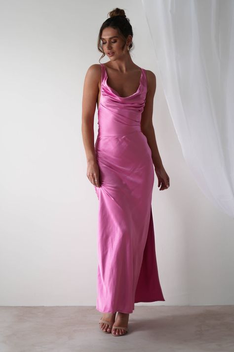 Misha Soft Satin Maxi Dress | Bright Pink Black Tie Bridesmaids, Mango Yellow, Bright Pink Dresses, Chic Evening Dress, Ball Ideas, White Bridal Dresses, Vestidos Color Rosa, Maxi Dress Wedding Guest, White Bridesmaid Dresses