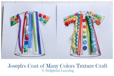 Coat Of Many Colors Craft, Joseph's Coat Of Many Colors Craft, Joseph Coat Of Many Colors, Bible Joseph, Joseph Bible Crafts, Joseph Crafts, Texture Craft, Joseph Coat, Colors Craft