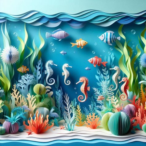 Ocean Diorama Project Under The Sea, Under The Sea 3d, Animal Coverings, Ocean Diorama, Construction Paper Crafts, Underwater Theme, Paper Cutout Art, Childrens Library, Quilled Paper Art