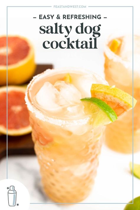 Mix up a Salty Dog drink, a classic cocktail made with grapefruit juice plus vodka or gin. And it gets a salt rim to balance the tart citrus. Salty Dog Drink, Greyhound Drink, Grapefruit Dessert, Summer Entertaining Recipes, Greyhound Cocktail, Grapefruit Cocktail, Popcorn Shrimp, Grapefruit Soda, Whiskey Ginger