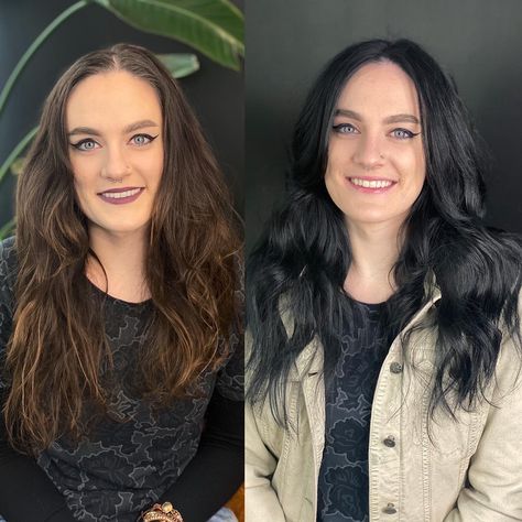 Brunette To Black Hair, Black Hair Transformation, Cool Black Hair, Brunette Black Hair, Hair Color Transformation, Dark Brunette, Black Hair Color, Hair Transformation, Sun Dress