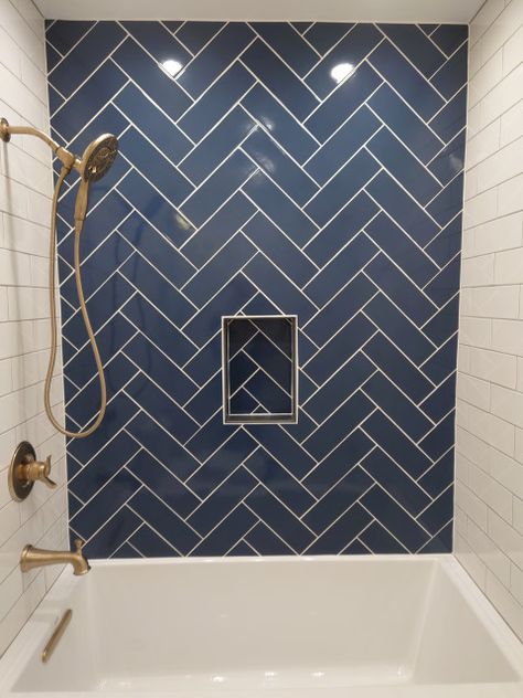 Heather Bath Renovation - Midcentury - Bathroom - San Francisco - by Kitchen Inspiration Inc. | Houzz Bath With Tub Shower Combo, Blue Bathroom With Tub, Blue Tile Tub Shower Combo, Bath Tub Shower Combo Ideas, Alcove Tub Shower Combo Tile, Tiled Tub Shower Combo Alcove, Blue Tile Bathtub Surround, Blue Tile Bathtub, Bathtub Shower Combo Blue Tile