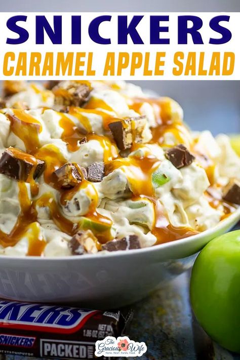 Snickers Caramel Apple Salad is actually a creamy, sweet dessert with bits of crisp, tart apples and gooey candy bar pieces. Snickers Caramel Apple Salad is one of those desserts that's no-so-cleverly disguised as a salad. Or maybe it's the other way around... 🤔 Whatever it is, it's sweet and tart, crunchy and gooey, creamy and cool, and mostly just little bites of heaven. Or big bites. | @graciouswife #snickerssalad #holidaysalad #snickersrecipes #caramelapplesalad Snickers Caramel Apple Salad, Caramel Apple Salad, Snicker Apple Salad, Snickers Salad, Taffy Apple, Apple Salad Recipes, Easy Summer Desserts, Apple Salad, Easy No Bake Desserts