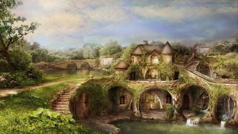 hobbits The Lake House, Digital Art Gallery, Fantasy House, Fantasy City, Fantasy Castle, Fantasy Setting, Fantasy Places, Thomas Kinkade, Landscape Scenery