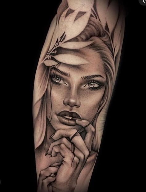 Womens Portrait Tattoo, Tattoo With Women Face, Women Tattoo Portrait, Mother Nature Realism Tattoo, Womans Face Tattoo, Female Face Tattoo Design, Female Portrait Tattoo, Female Face Tattoo, Freya Tattoo