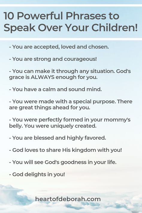 Use scripture to speak life over your child! Here are 10 powerful phrases to speak blessings over your kids on a daily basis. #scripture #christianmom #parenting #momlife #faithbased #faith #proverbs31 Prayers For My Daughter, Powerful Phrases, Praying For Your Children, Prayer For My Children, Positive Affirmations For Kids, Raising Godly Children, Christian Affirmations, Confidence Kids, Affirmations For Kids