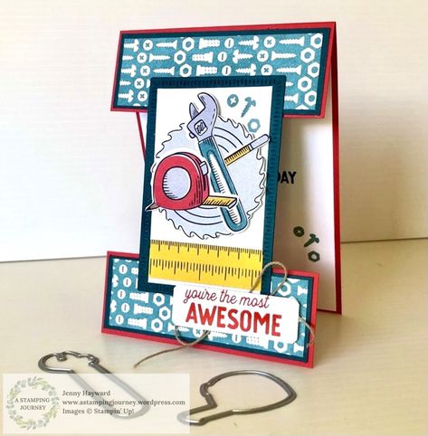 TRUSTY TOOLS BUNDLE FOR THE GLOBAL MINI CATALOGUE LAUNCH! – A Stamping Journey Lucky Me Stampin Up Cards, Crafting With You Stampin Up Cards, Trusty Tools Stampin Up Cards, Father's Day Cards Handmade, Cardstock Crafts, Men Cards, Guy Cards, Fancy Fold Card Tutorials, Men's Cards