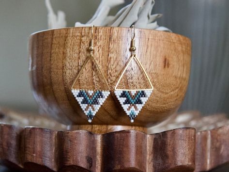 Triangle Beaded Earrings, Boho Beaded Earrings, Geometric Statement Earrings, Stitch Earrings, Earrings Triangle, Gold Bead Earrings, Copper Gifts, Abstract Earrings, Rose Gold Beads