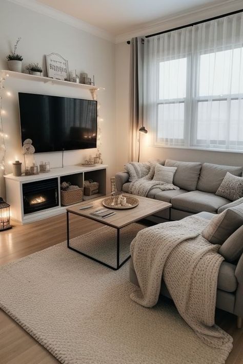 Cozy Living Rooms Small Apartment, Modern Ideas For Living Room, Home Decor Ideas Living Room Apartment Neutral Colors, 1 Bed Apartment Living Room Ideas, Cozy Living Room Small Spaces, Neutral Color Apartment, Neutral Theme Living Room, Couch Aesthetic Cozy, 1st Apartment Aesthetic