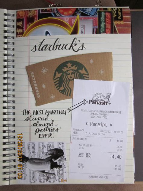 Great way to display those weird little trash snippets that collect during travels and trips Trash Book Ideas, Festival Scrapbook Ideas, Food Scrapbook Ideas, Starbucks Journal, Trash Journal, Keep A Notebook, Smash Book Pages, Book Shopping, Smash Journal