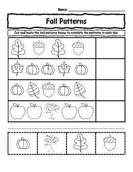 Use this fun pattern practice activity in your classroom during the fall season! Students cut and paste the fall pictures to form a pattern. This activity is great for centers or morning work!Check out other Fall activities at Smart Cookie!Clipart by Fun Classroom Creations Fall Preschool Unit, Kindergarten Math Patterns, Fall Preschool Worksheets, Pattern Practice, Halloween Math Worksheets, Preschool Patterns, Kindergarten Math Free, Fall Lesson Plans, Kindergarten Math Worksheets Free