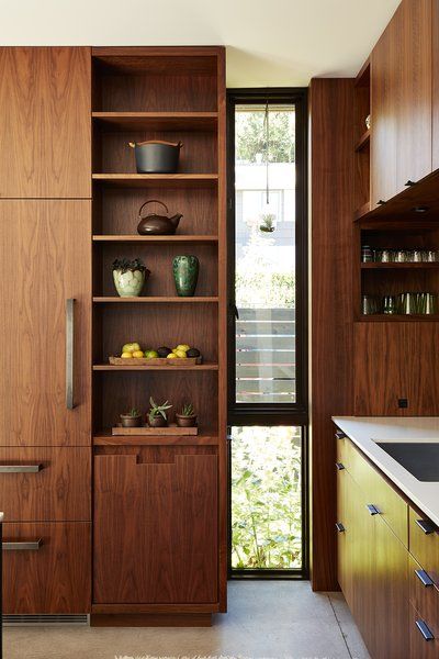 Greener Grass - Dwell Walnut Kitchen, 카페 인테리어 디자인, Open Door, Gorgeous Kitchens, Kitchen Cabinetry, Open Shelves, Küchen Design, Cheap Home Decor, 인테리어 디자인