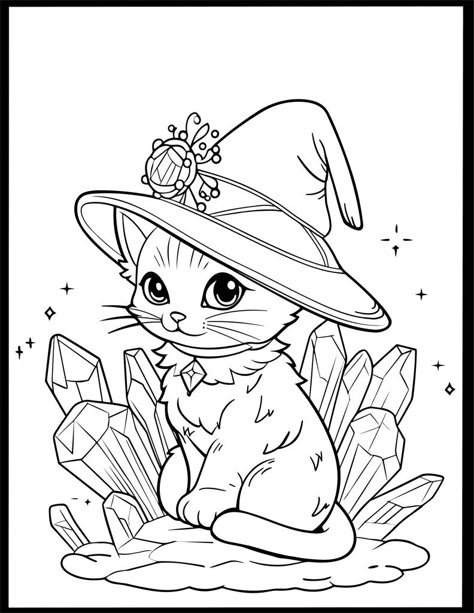 Witch And Cat Drawing, Magical Cat Drawing, Witchy Coloring Pages Free Printable, Witch Cat Drawing, Witch Coloring Pages For Adults, Witchy Coloring Pages, Magical Coloring Pages, Halloween Coloring Pictures, Coloring Pages Halloween