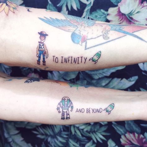 To infinity and beyond Woody And Buzz Tattoo Best Friends, Buzz Tattoo Toy Story, Toy Story Tattoo Ideas Best Friends, Woody Buzz Tattoo, Woody Tattoo Toy Story, Buzz Light Year Tattoo, Forky Tattoo, Buzz And Woody Tattoo, Buzz Lightyear Tattoo